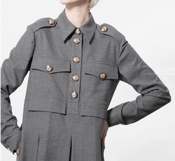 Woolblend Front Button Closure Floor Long Military Style Dress - Ofelya Boutique