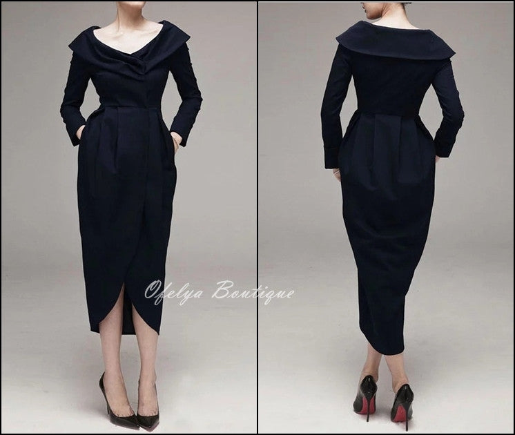 Women Draped Pleating Asymmetric Hem Woolen Dress Jacket - Ofelya Boutique