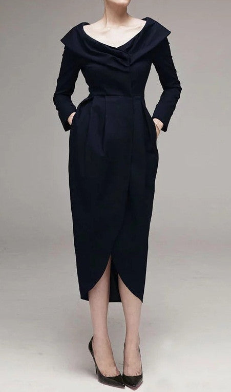 Women Draped Pleating Asymmetric Hem Woolen Dress Jacket - Ofelya Boutique