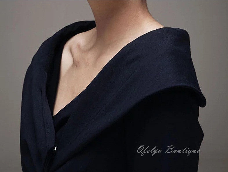 Women Draped Pleating Asymmetric Hem Woolen Dress Jacket - Ofelya Boutique