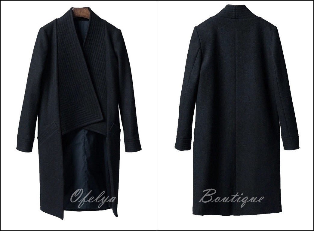 Winter Back Long Quilted Collar Red -Black Woolen Coat Jacket// Short in Front Long Back Loose - Ofelya Boutique
