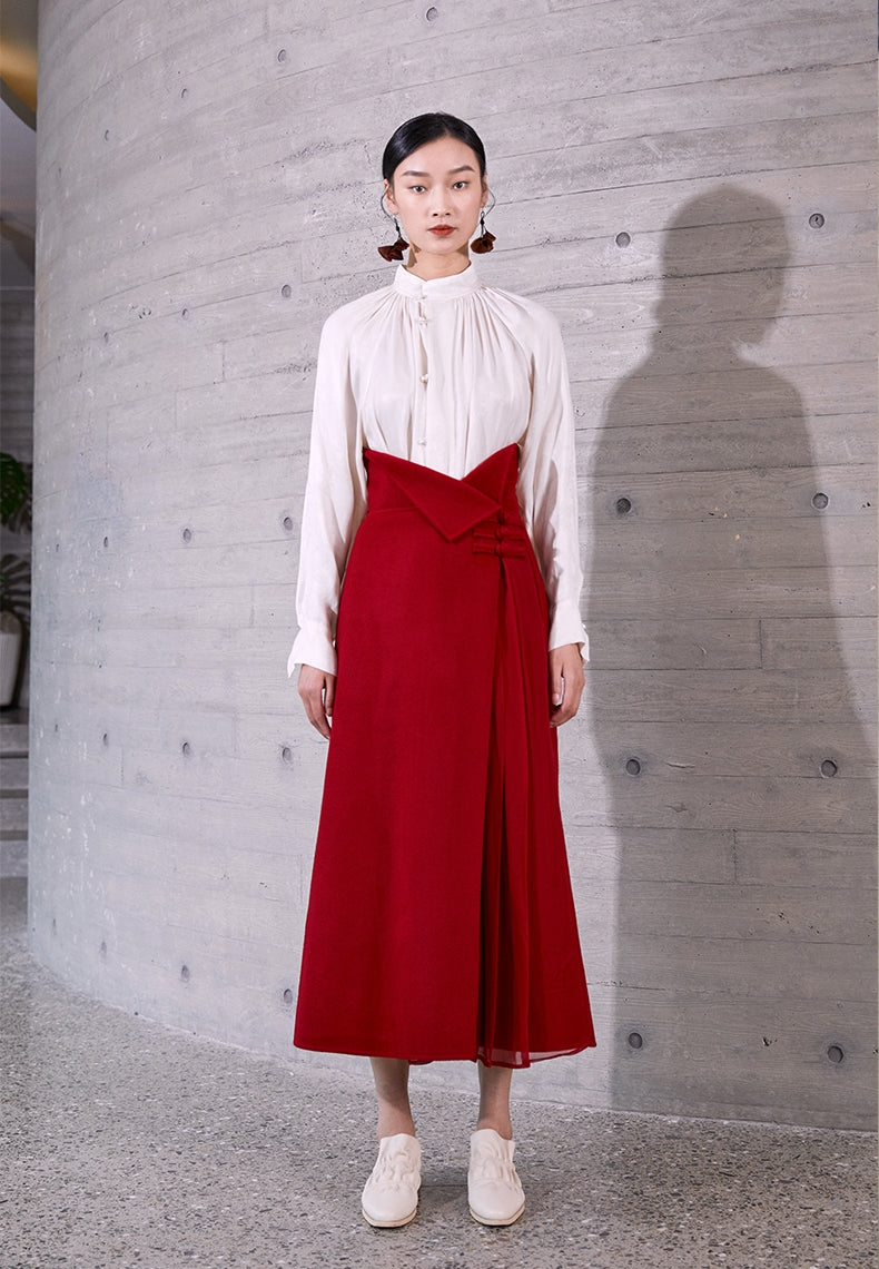 High Waist Pleated Wrap Long Woolen Skirt / Chinese Style