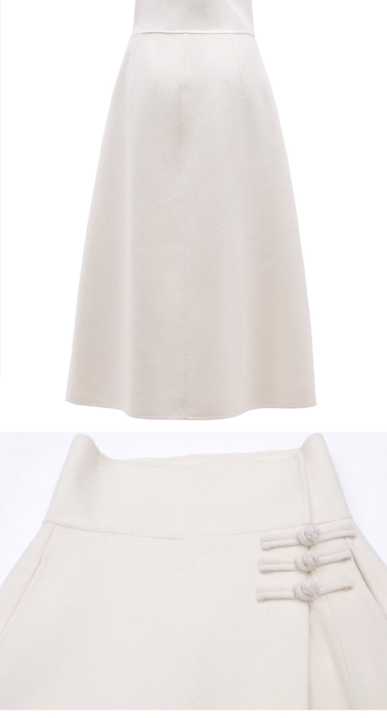 High Waist Pleated Wrap Long Woolen Skirt / Chinese Style