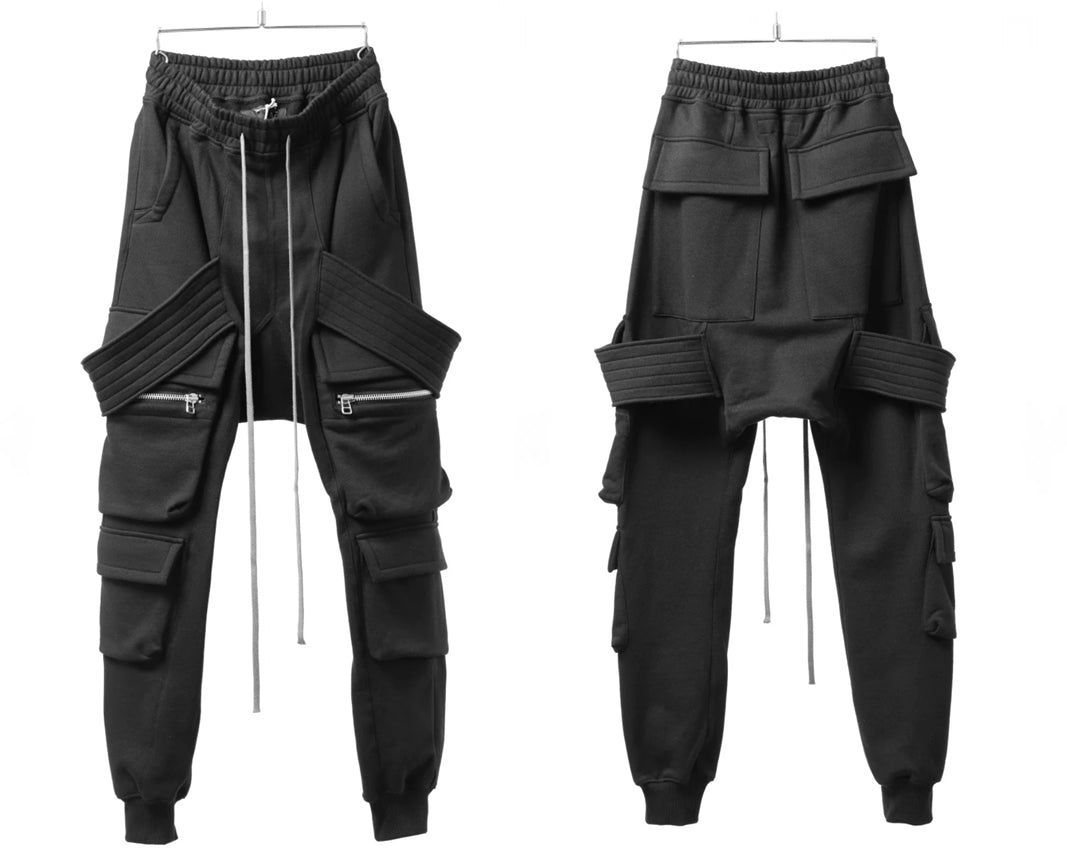 AW Men Relaxed Belted Flap Zip Sarrouel Drop-Crotch Trousers-Cargo Pant