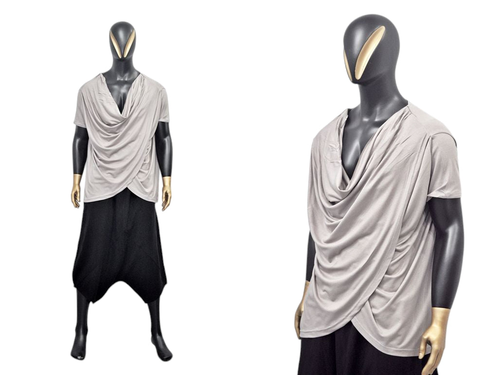 Men’s Draped Cowl Neck Shirt – Avant-Garde Asymmetrical Short Sleeve Top, Minimalist Streetwear, Soft Gray Modal Blend, Misgendered -BB515