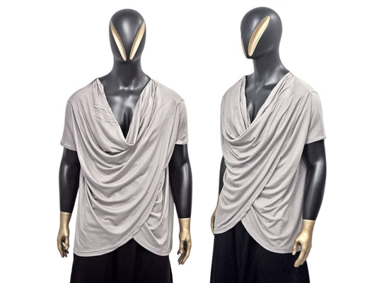 Men’s Draped Cowl Neck Shirt – Avant-Garde Asymmetrical Short Sleeve Top, Minimalist Streetwear, Soft Gray Modal Blend, Misgendered -BB515