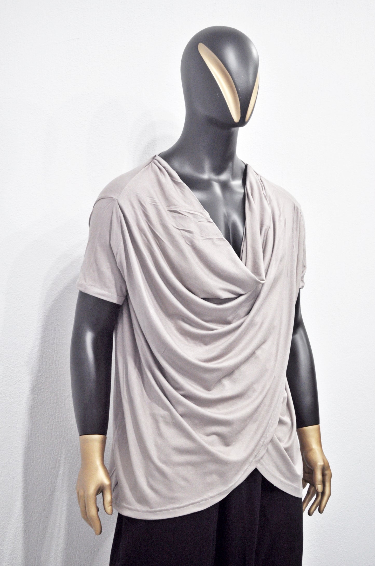 Men’s Draped Cowl Neck Shirt – Avant-Garde Asymmetrical Short Sleeve Top, Minimalist Streetwear, Soft Gray Modal Blend, Misgendered -BB515