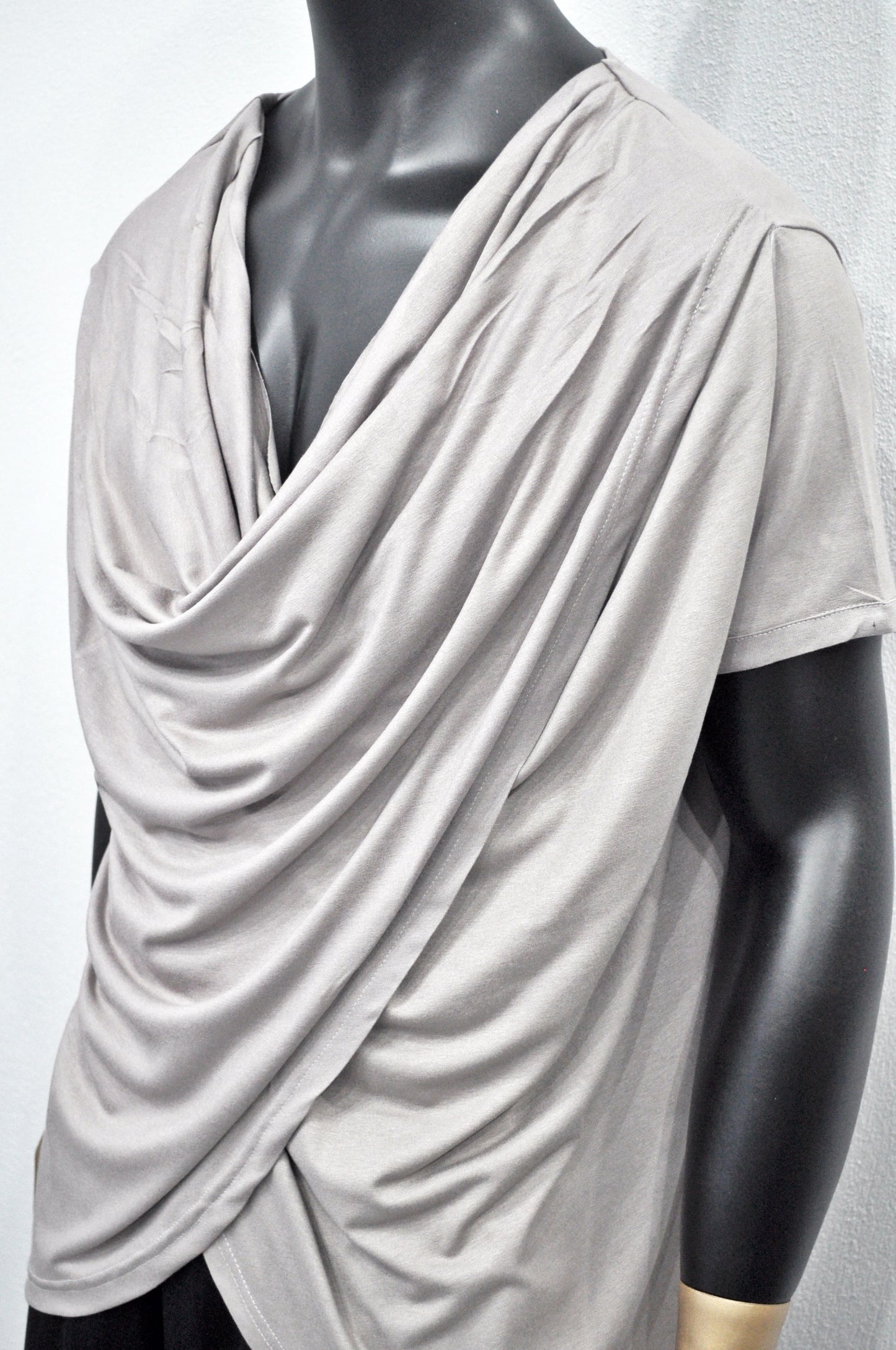 Men’s Draped Cowl Neck Shirt – Avant-Garde Asymmetrical Short Sleeve Top, Minimalist Streetwear, Soft Gray Modal Blend, Misgendered -BB515
