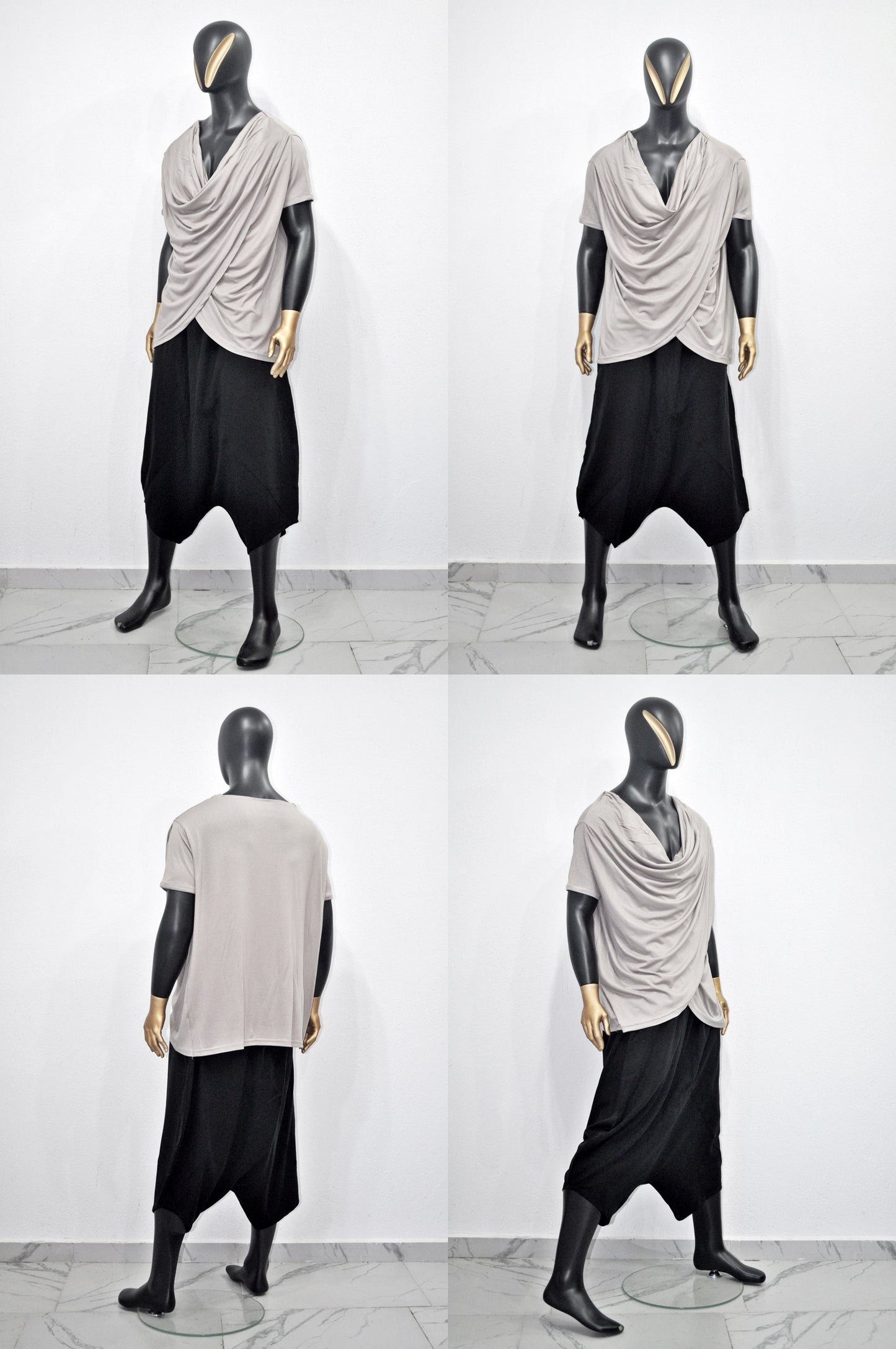 Men’s Draped Cowl Neck Shirt – Avant-Garde Asymmetrical Short Sleeve Top, Minimalist Streetwear, Soft Gray Modal Blend, Misgendered -BB515