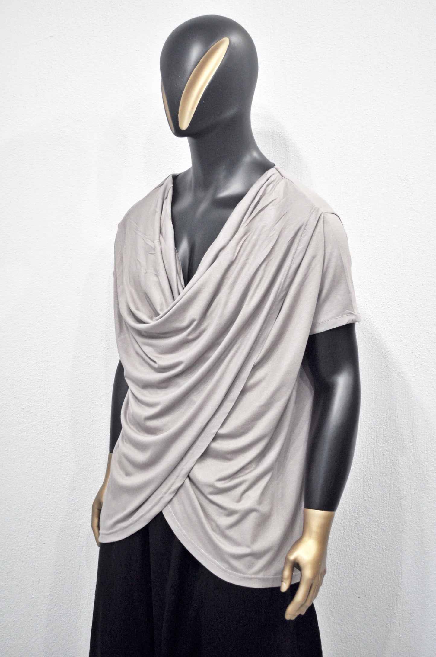 Men’s Draped Cowl Neck Shirt – Avant-Garde Asymmetrical Short Sleeve Top, Minimalist Streetwear, Soft Gray Modal Blend, Misgendered -BB515