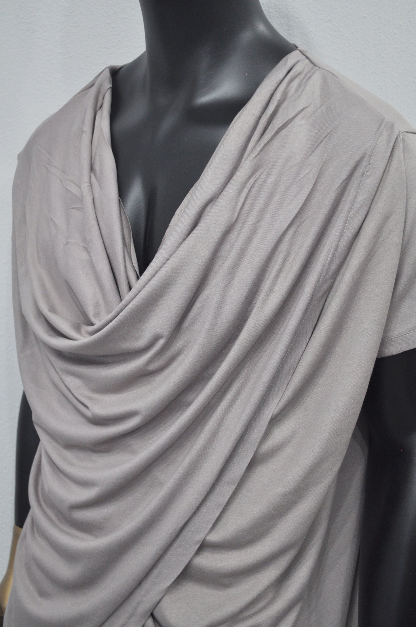 Men’s Draped Cowl Neck Shirt – Avant-Garde Asymmetrical Short Sleeve Top, Minimalist Streetwear, Soft Gray Modal Blend, Misgendered -BB515