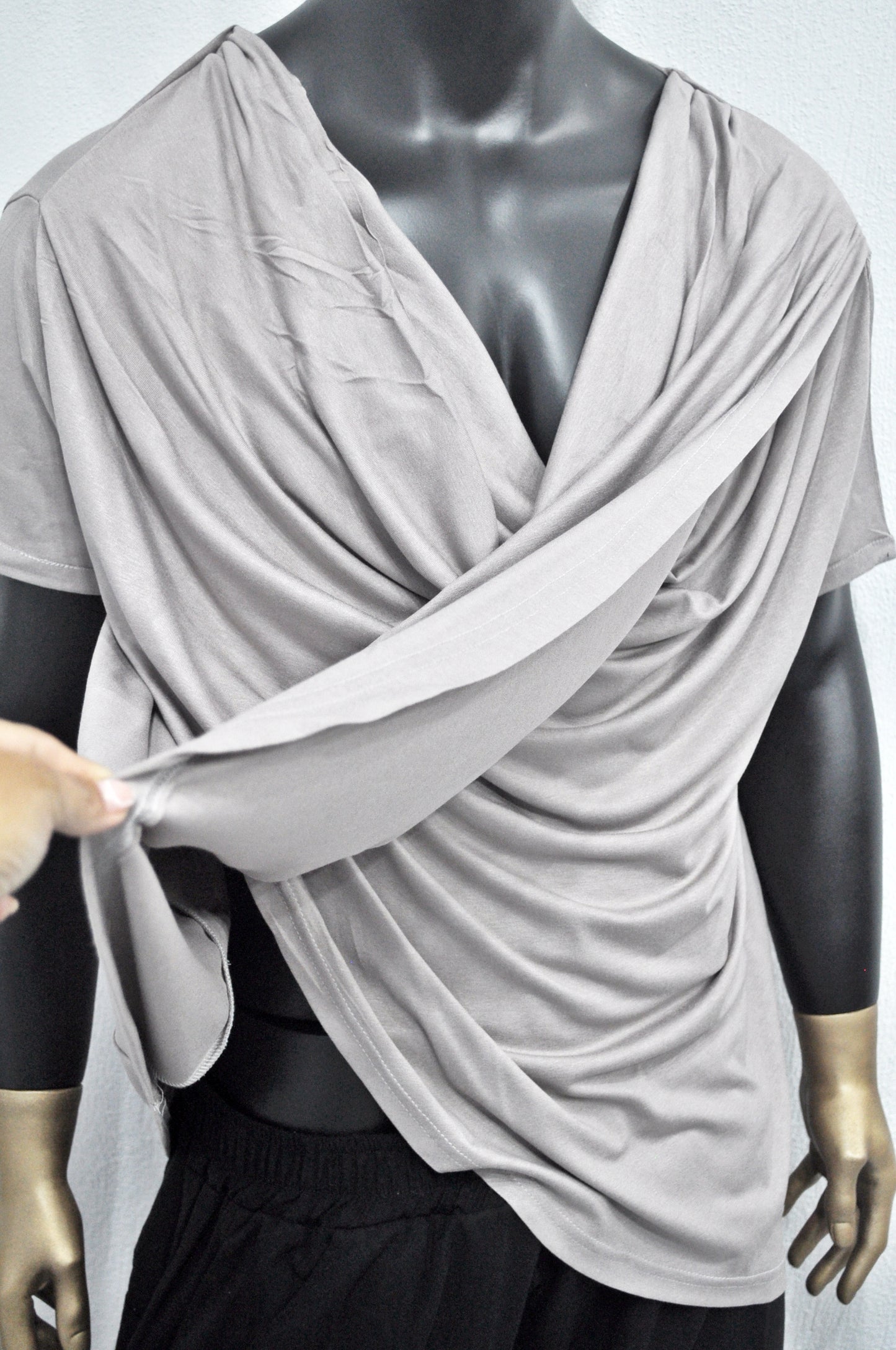 Men’s Draped Cowl Neck Shirt – Avant-Garde Asymmetrical Short Sleeve Top, Minimalist Streetwear, Soft Gray Modal Blend, Misgendered -BB515