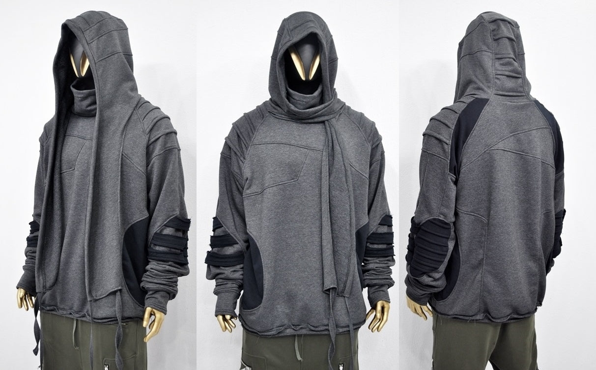 XS-8XL Washed Look Distressed Scarf Oversize Hood,High Neck Pullover,Ninja Assassin Jacket,Steampunk Gothi-Post Apocalyptic Dystopian-BB0157