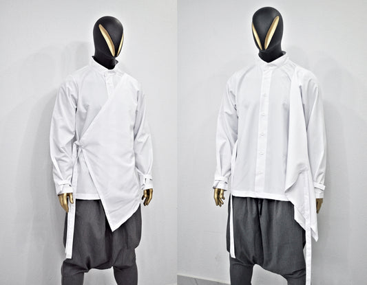 XS - 8XL Men's Kimono Shirt,Streetwear Harem Wrap Top,Asymmetrical Blouse, Avant Garde Long Sleeve Shirt,Futuristic Clothing-BB864