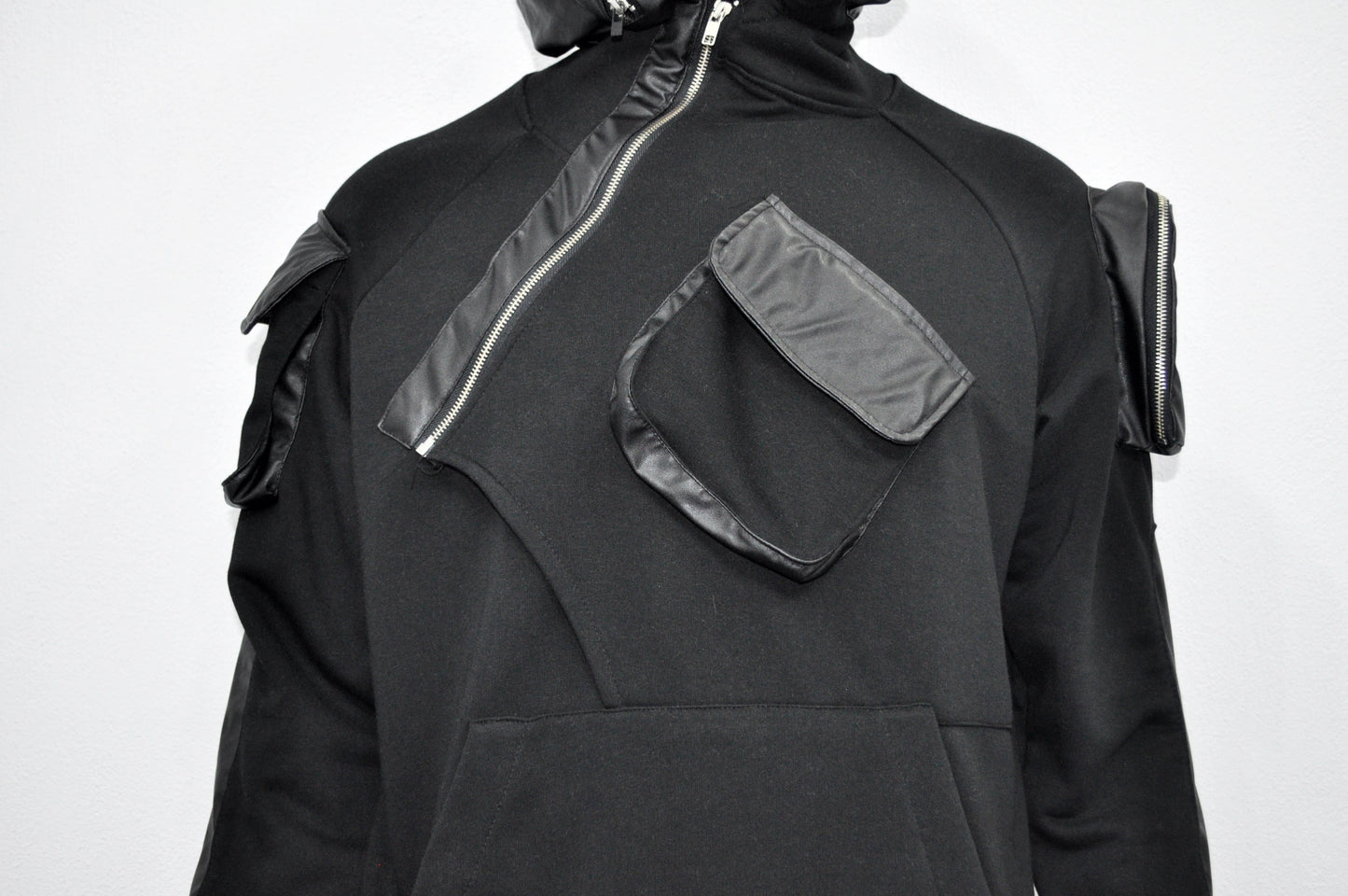 XS-8XL Men's Black Faux Leather Sleeves Loose Tech Pockets Cyber Hoodie,Long Asymmetric- BB0174