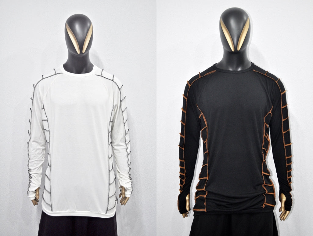 Long Short Sleeve Shirt with Contrast Ladder Stitch Detailing – Avant Garde Japanese Streetwear, Edgy Top, Minimalist Relaxed -BB516