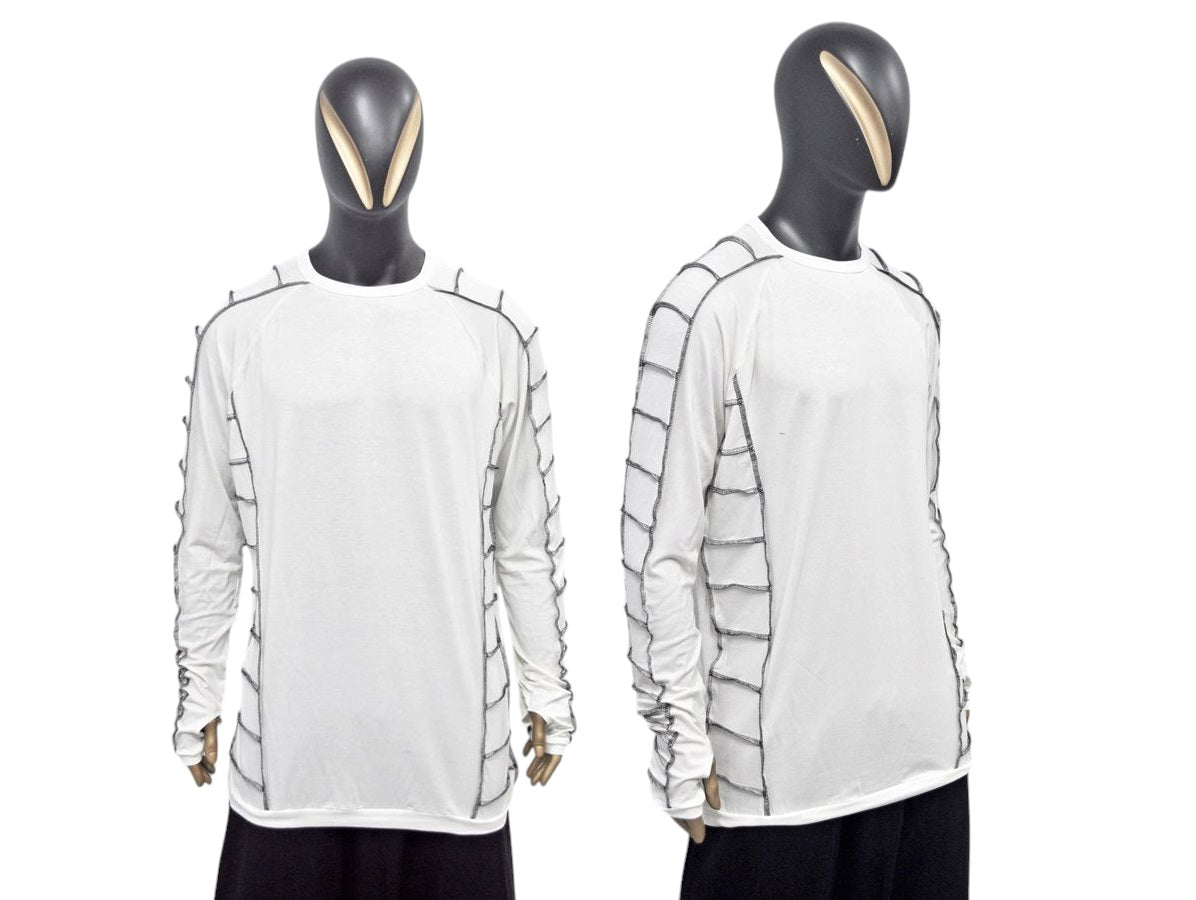 Long Short Sleeve Shirt with Contrast Ladder Stitch Detailing – Avant Garde Japanese Streetwear, Edgy Top, Minimalist Relaxed -BB516