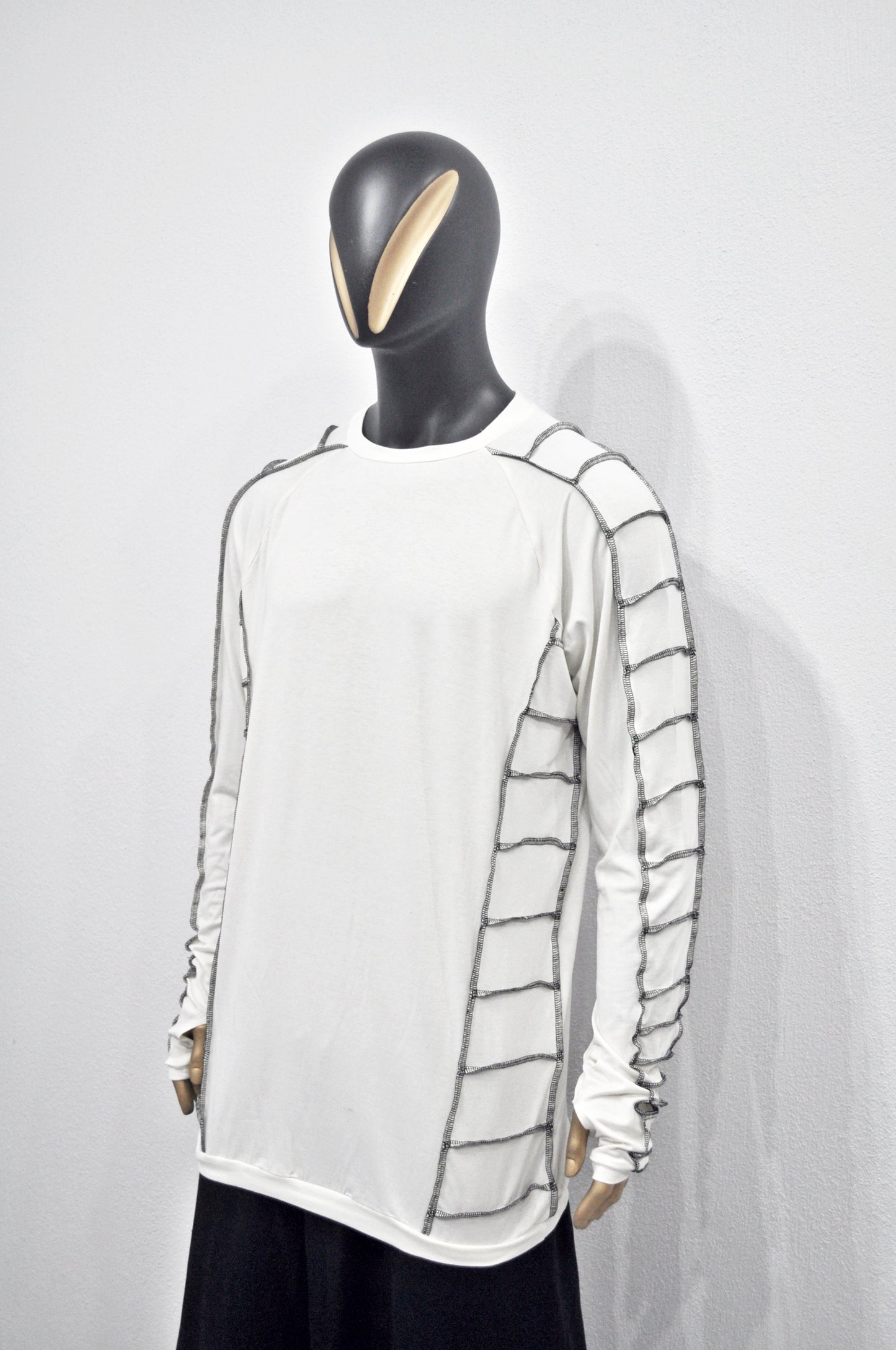 Long Short Sleeve Shirt with Contrast Ladder Stitch Detailing – Avant Garde Japanese Streetwear, Edgy Top, Minimalist Relaxed -BB516