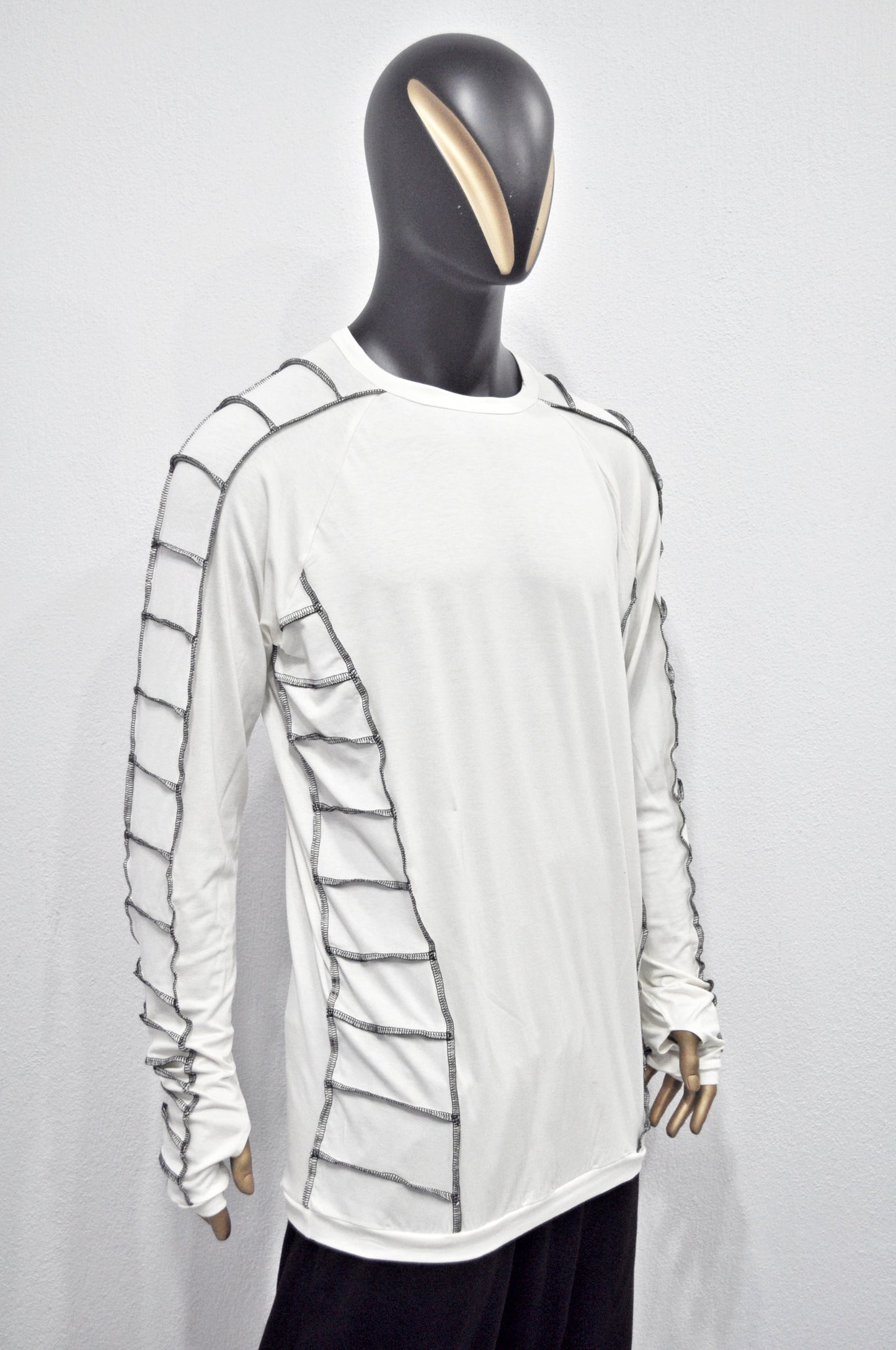 Long Short Sleeve Shirt with Contrast Ladder Stitch Detailing – Avant Garde Japanese Streetwear, Edgy Top, Minimalist Relaxed -BB516