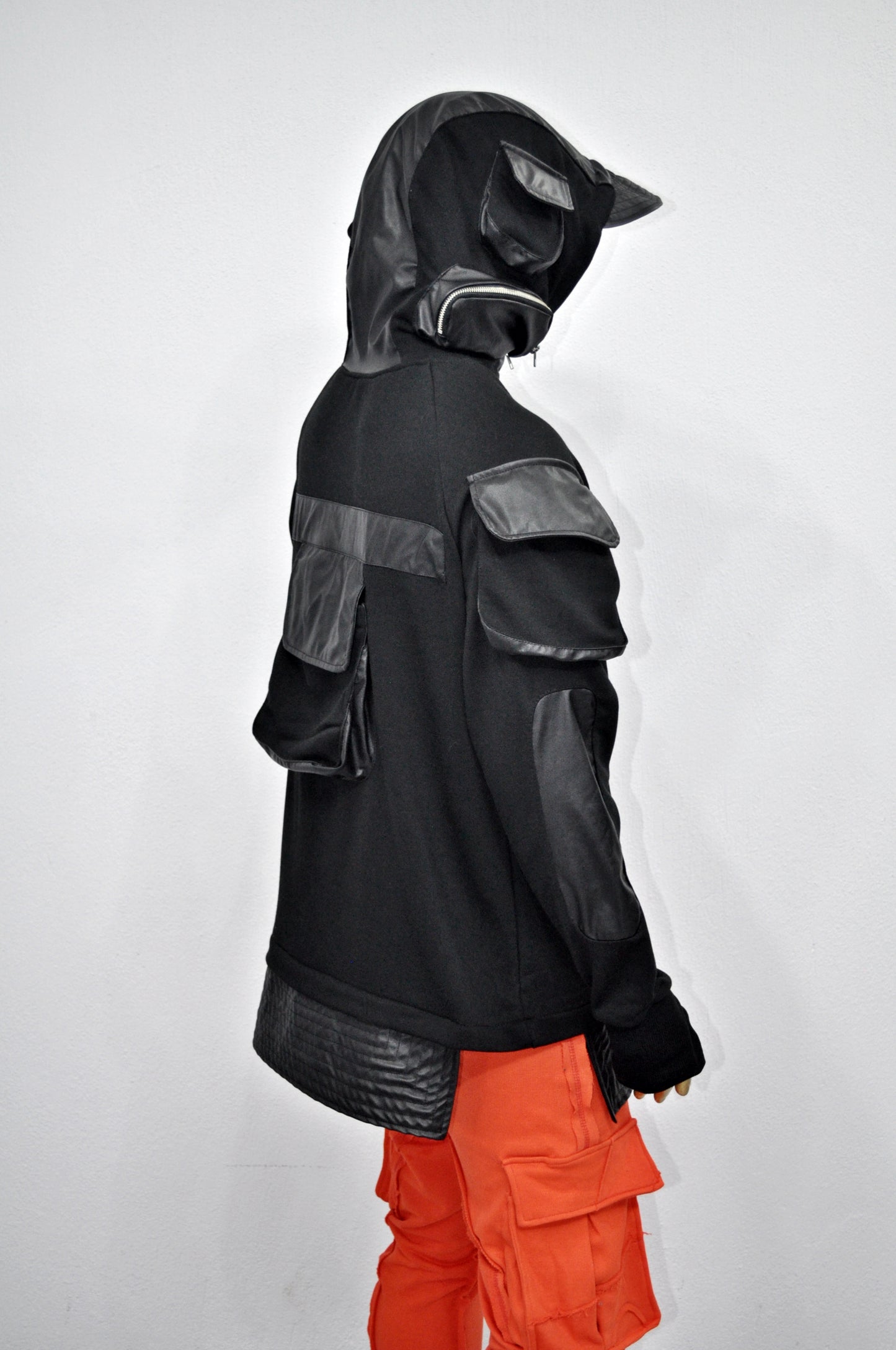 XS-8XL Men's Black Faux Leather Sleeves Loose Tech Pockets Cyber Hoodie,Long Asymmetric- BB0174