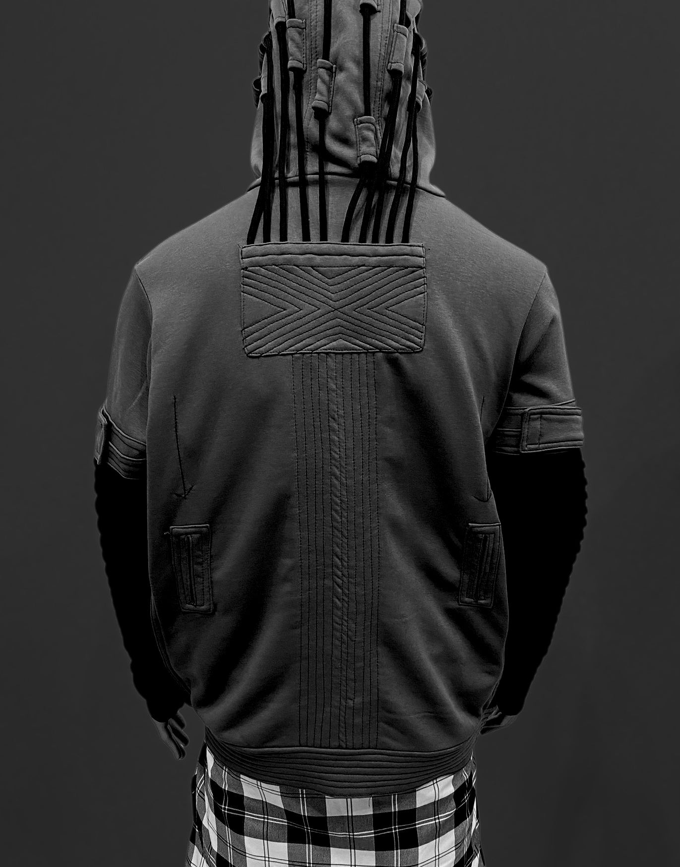Cyberpunk Techwear Hoodie for Men • Futuristic Streetwear Hooded Sweatshirt • Dreadlock Hood Design • Layered Sleeve Tech • Urban -BB0188