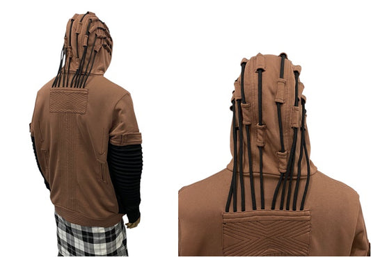Cyberpunk Techwear Hoodie for Men • Futuristic Streetwear Hooded Sweatshirt • Dreadlock Hood Design • Layered Sleeve Tech • Urban -BB0188