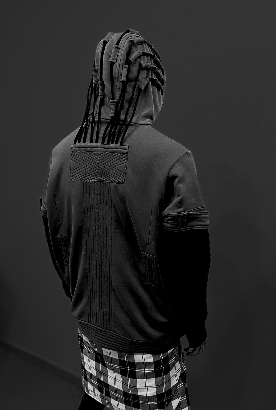 Cyberpunk Techwear Hoodie for Men • Futuristic Streetwear Hooded Sweatshirt • Dreadlock Hood Design • Layered Sleeve Tech • Urban -BB0188