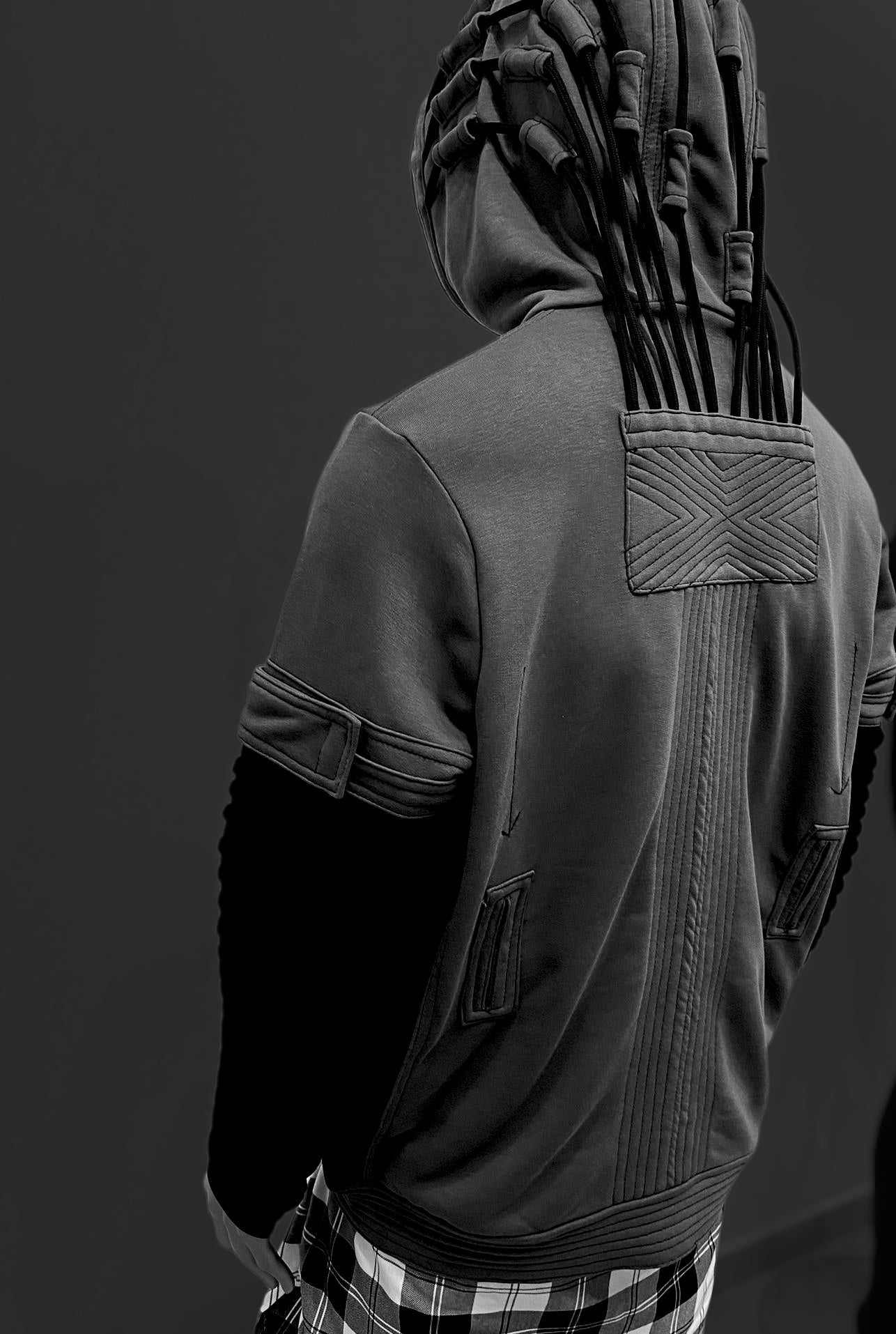 Cyberpunk Techwear Hoodie for Men • Futuristic Streetwear Hooded Sweatshirt • Dreadlock Hood Design • Layered Sleeve Tech • Urban -BB0188