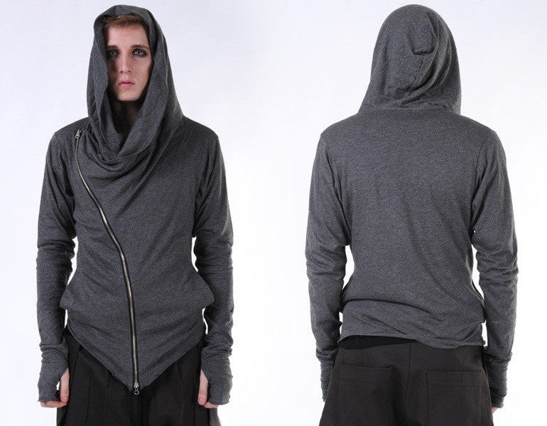 Asymmetric Zipup Hood Jacket Top T-Shirt Voth for men&women