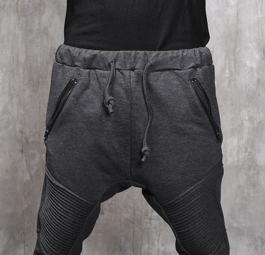 Men Slim-Fit Biker Drop Crotch Dual Zip Pants Trouser Pintuck