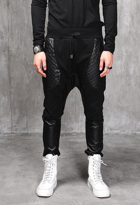 Biker Drop Crotch Dark Quilted Pocket Jersey&Faux Leather Harem Pants