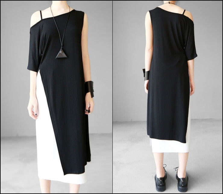 Open Shoulder Black Oversized Draped Side Big Slit Dress Tunic // One Shoulder