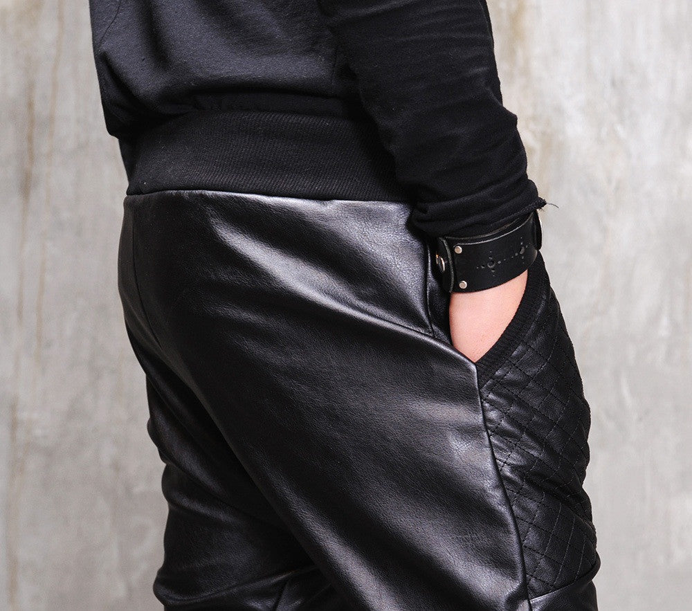Biker Drop Crotch Dark Quilted Faux Leather Harem Pants  / Streetwear / Loose Dark Black Shadow
