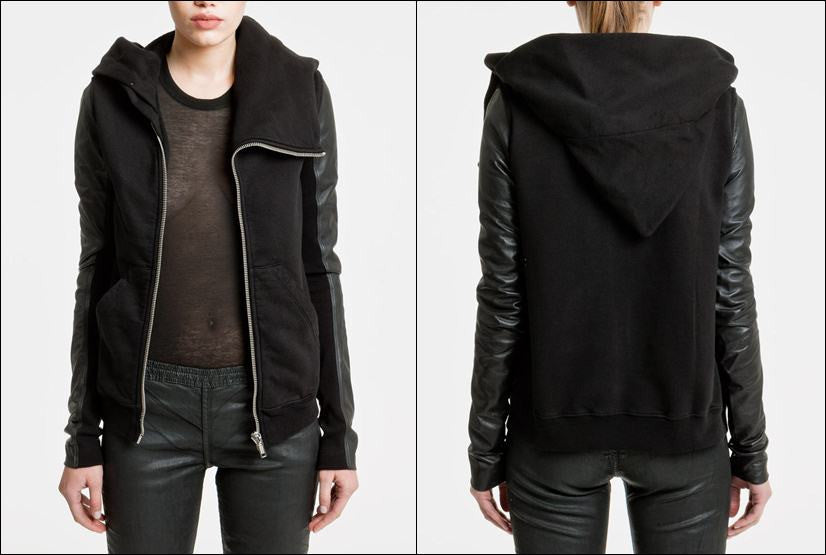 Black Dark Mountain Women Asymmetric Zip Collar Cotton Fleece Hoodie Leather Sleeves Sweatshirt