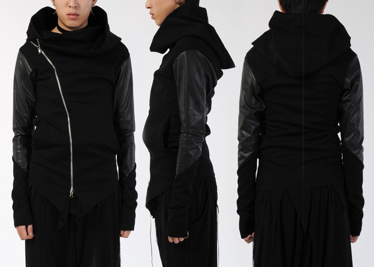 Asymmetric Zip Cowl Zip-up Hooded Leather Mix Jersey Jacket