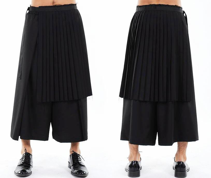 Dark Black Men's Pleats Wrap Skirt // Wear it with Drop Crotch Pants