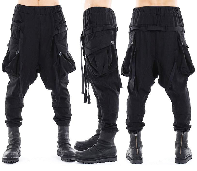 Webbing Drop Crotch Multi Strap Cargo Jersey Harem Pants Streetwear