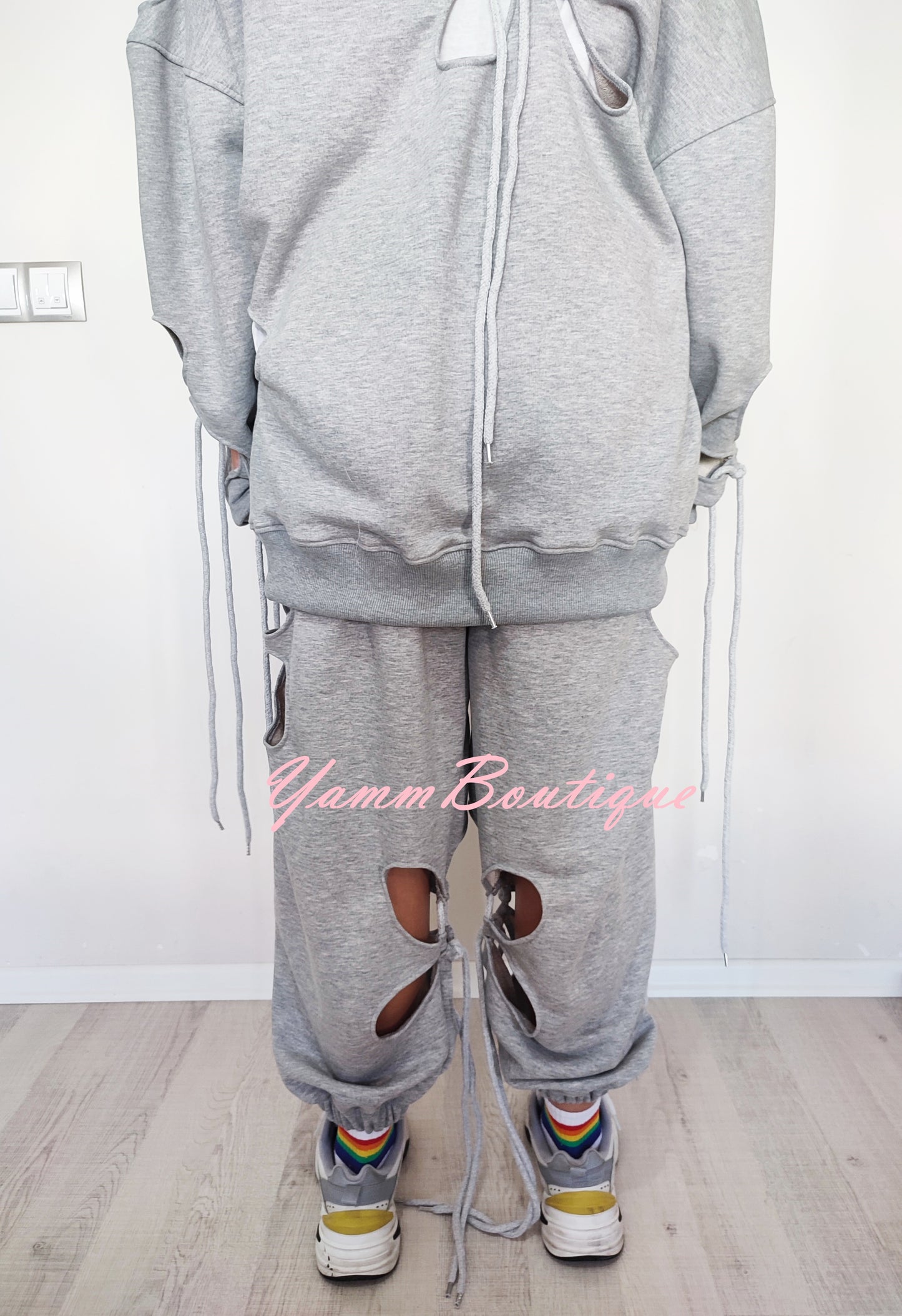 Women Hollow Floral Cut Asymmetric Tracksuit Hoodie and Jogger / Plus Size-BB156