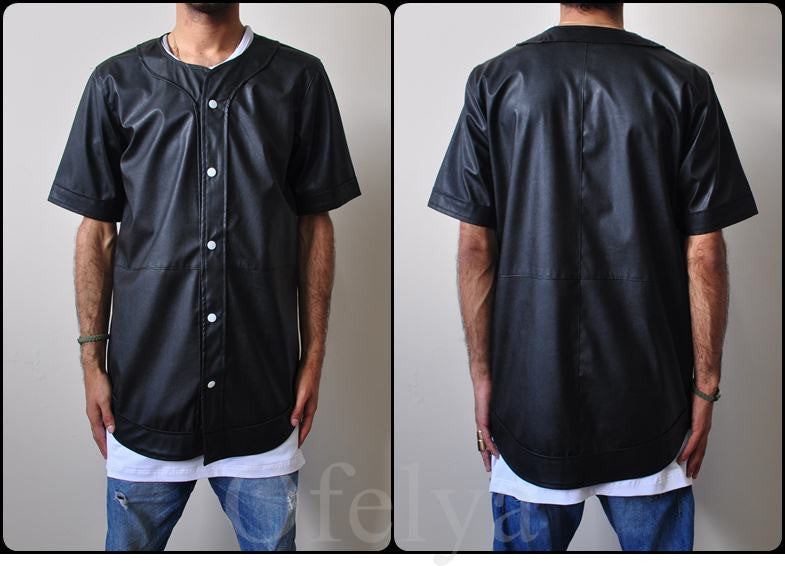 Leather Baseball Jersey Button Closure Shirt   -