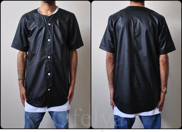 Leather Baseball Jersey Button Closure Shirt -