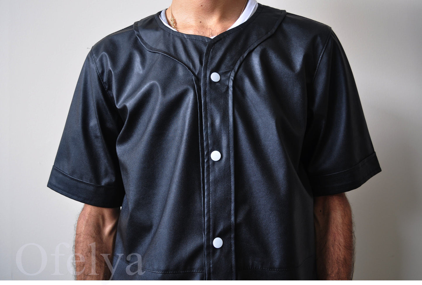 Leather Baseball Jersey Button Closure Shirt   -