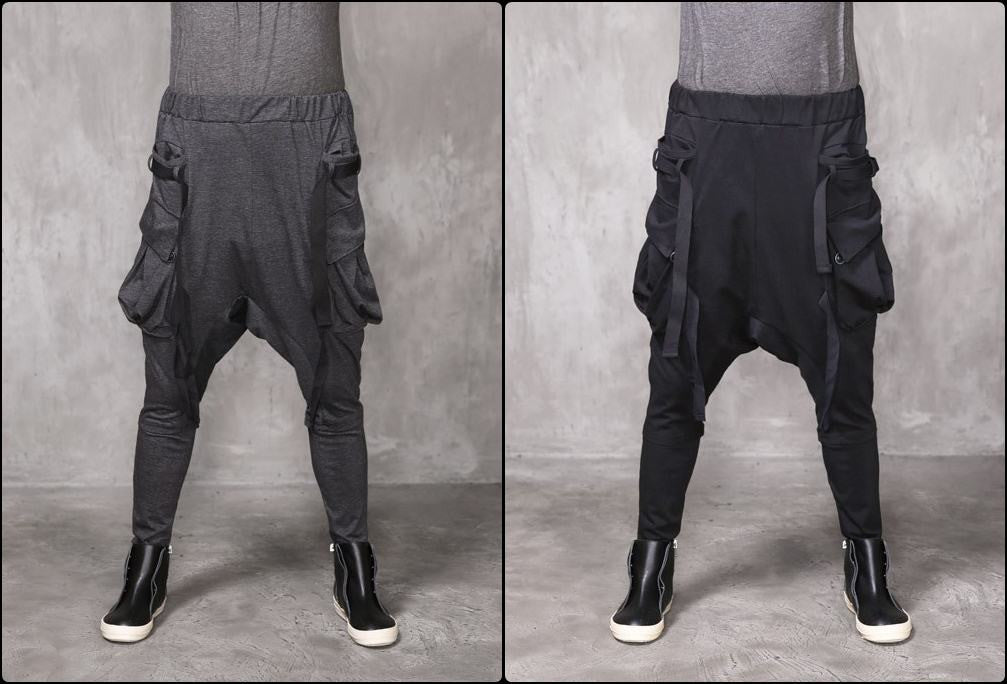 Webbing Drop Crotch Multi Strap Cargo Jersey Harem Pants Streetwear