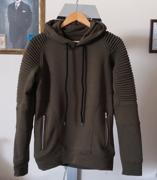 Men's Quilted Shoulder Front Zippers Sweatshirt Hoodie  / Skinny Fit Sweater