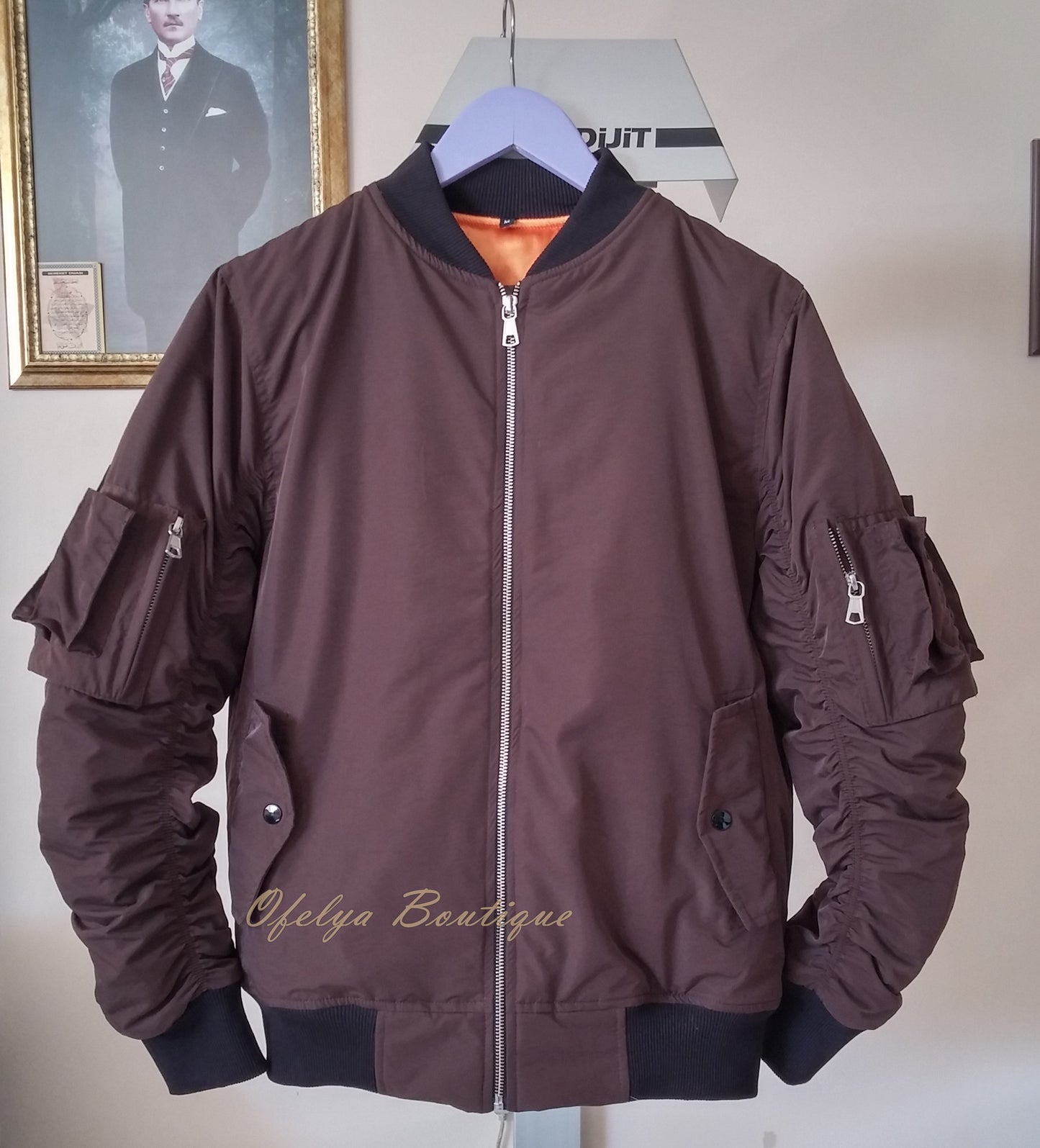 MA1 Brown with Orange Sateen Lining Back Pocket Fog Zipper Sleeves Quilted Bomber Jacket / Flight Jacket /Stich Lines on the Side Ways