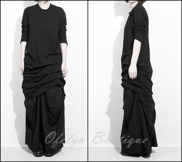 Dark Cotton Ruffle Top Hackers Draped Design Long Sleeve Tunic Dress