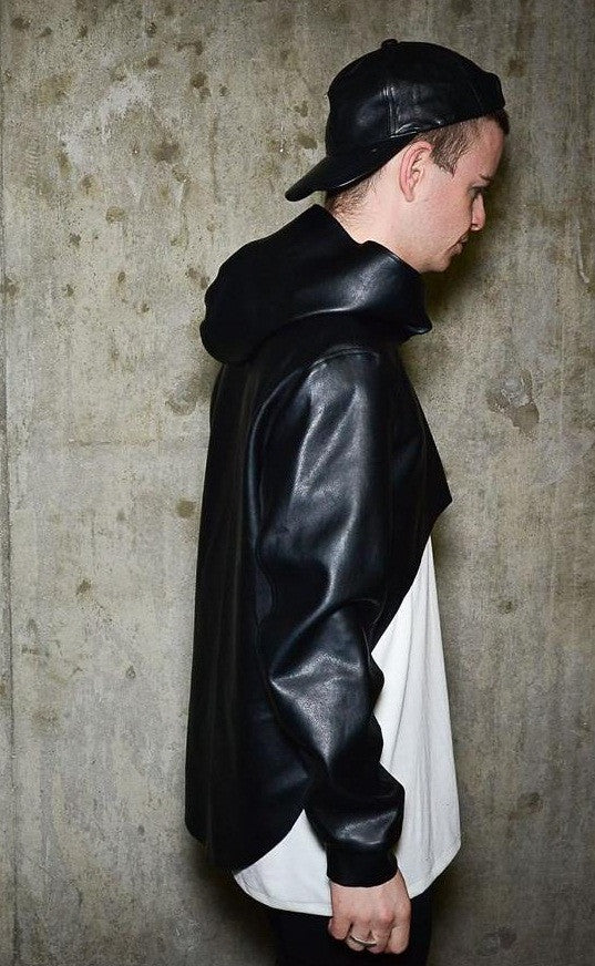 Asymmetric Crop Leather Hoodie Mix Jersey Jacket