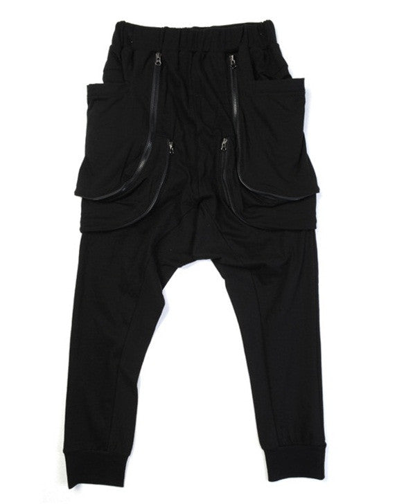 Asymmetric Extravagant Black Loose Casual Drop Crotch Harem Pants