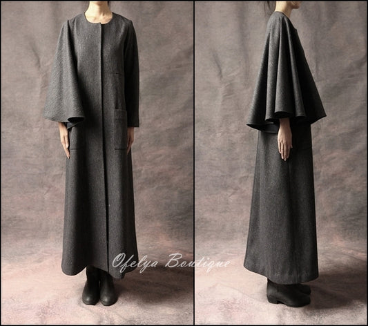 Oversized Big Dress With Two Pockets Stretch Cotton Asymmetric Cape Sleeve Coat/ Winter Woolblend Coat