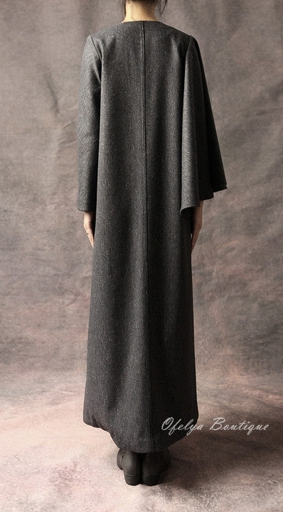 Oversized Big Dress With Two Pockets Stretch Cotton Asymmetric Cape Sleeve  Coat/ Winter Woolblend Coat