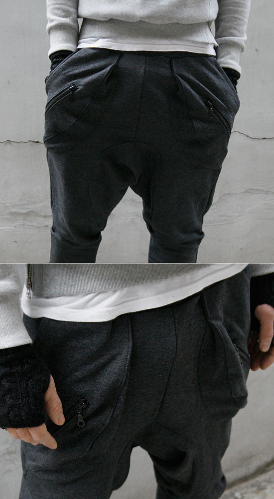 Mens Low Drop Crotch Harem Zippered Pocket Baggy Sweatpants /Trouser